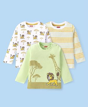 Babyhug Cotton Knit Full Sleeves T-Shirts with Striped Lion & Giraffe Print Pack of 3 - Green & White