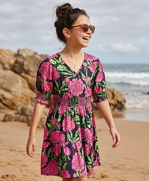 Pine Kids Viscose Woven Full Sleeves Frock with Floral Print & Smocking Detailing- Blue