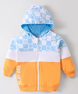 Babyhug Cotton Knit Full Sleeves Front Open Hooded Sweatjacket With Colour Block Design & Smiley Print - Multicolour