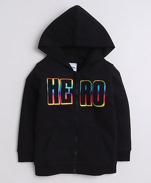 BUMZEE Full Sleeves Hero Text   Printed Hooded Sweat Jacket - Black