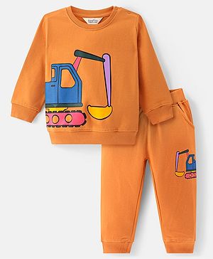 Bonfino 100% Cotton French Terry Full Sleeves T-Shirt & Jogger Set with Construction Vehicles Print- Orange