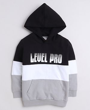 BUMZEE Looper Full Sleeves Typography Printed Hooded Sweatshirt - Black & Grey