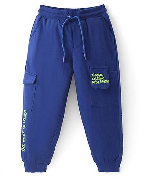 Arias Cotton Knit Full Length Joggers With Cargo Pockets & Text Print - Blue