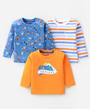Babyhug Cotton Knit Full Sleeves T-Shirt with Animal & Text Print Pack of 3 - Blue White & Orange