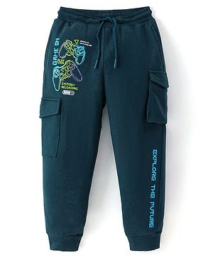 Arias Cotton Knit Full Length Stretchable Joggers With Text Print - Dark Green