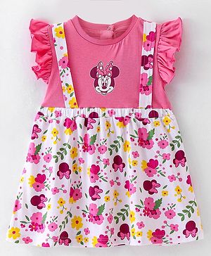 Babyhug Disney Single Jersey Knit Frill Sleeves Frock With Minnie Mouse Graphics - White & Pink