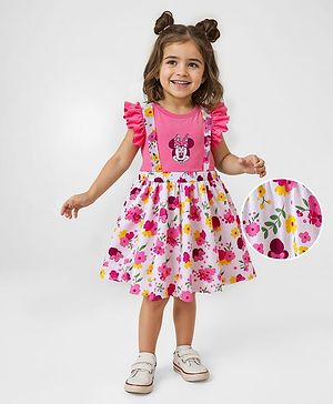 Babyhug Disney Single Jersey Knit Frill Sleeves Frock With Minnie Mouse Graphics - White & Pink