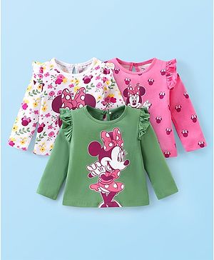 Babyhug Disney Single Jersey Frill Sleeves Top with Minnie Mouse Print Pack of 3 - Green Pink & White