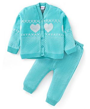 Babyhug Knitted Full Sleeves Front Open Sweater Set With Heart Design - Aqua Blue