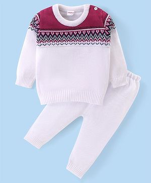 Babyhug Knitted Full Sleeves Pullover Sweater & Pant Set With Aztec Design - White