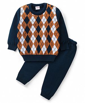 Babyhug Knitted Full Sleeves Sweater Set with Argyle Design - Navy Blue