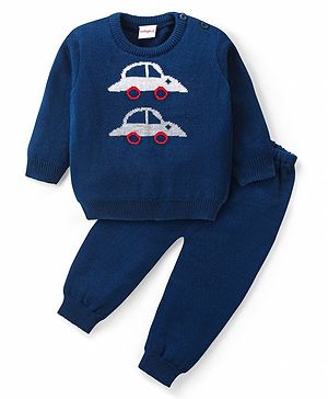 Babyhug Knitted Full Sleeves Sweater Set with Cars Design - Navy Blue