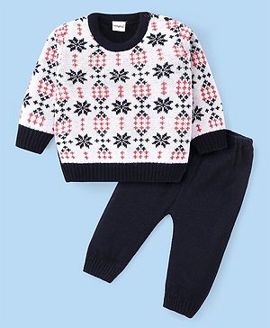 Babyhug Knitted Full Sleeves Sweater Set with Floral Design - White & Navy Blue