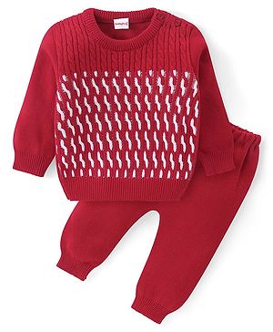 Babyhug Knitted Full Sleeves Pullover Sweater & Pant Set With Cable Knit Design - Red