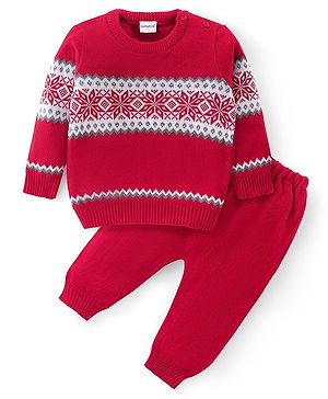 Babyhug Knitted Full Sleeves Pullover Sweater & Pant Set With Aztec Design - Red