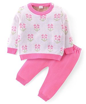Babyhug Knitted Full Sleeves Pullover Sweater & Pant Set With Floral Design - White & Pink