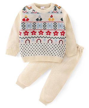 Babyhug Knitted Full Sleeves Pullover Sweater & Pant Set With Floral Design - Cream