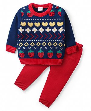 Babyhug Knitted Full Sleeves Sweater Set with Strawberries & Floral Design - Navy Blue & Red