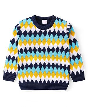 Babyhug Knitted Full Sleeves Pullover Sweater with Chevron Design - Navy Blue
