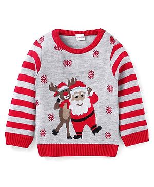 Babyhug Knitted Full Sleeves Pullover Sweater with Stripes & Christmas Theme Design - Grey & Red