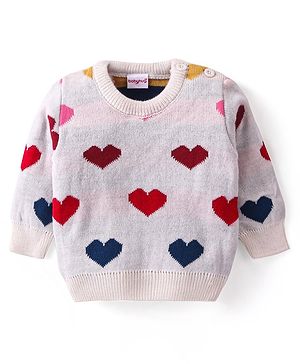 Babyhug Knitted Full Sleeves Pullover Sweater With Hearts Design - Multicoour