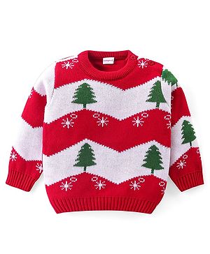 Babyhug Knitted Full Sleeves Pullover Sweater with Stripes & Snow Flakes Design - Red