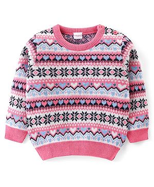 Babyhug Knitted Full Sleeves Pullover Sweater with Aztec Design - Pink