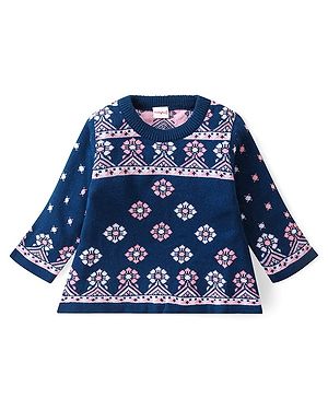 Babyhug Knitted Full Sleeves A-Line Woollen Dress With Floral Design - Navy Blue