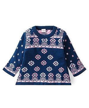 Babyhug Knitted Full Sleeves A-Line Woollen Dress With Floral Design - Navy Blue