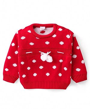 Babyhug Knitted Full Sleeves Pullover Sweater With Polka Dot Design & Pom Pom Applique - Red