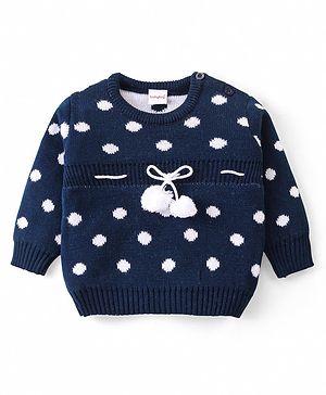 Babyhug Knitted Full Sleeves Pullover Sweater with Polka Dots Design & Pom Pom Applique - Navy Blue