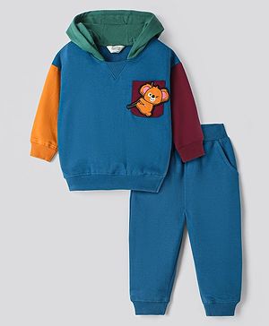 Bonfino 100% Cotton French Terry Knit Full Sleeves Color Block Hoodie & Joggers Winter Wear Set With Koala Applique - Blue