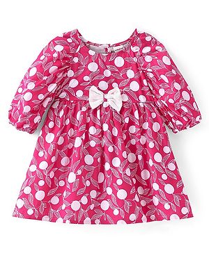 Babyhug Viscose Woven Three Fourth Sleeves Frock With Leaf Print & Bow Applique - Pink