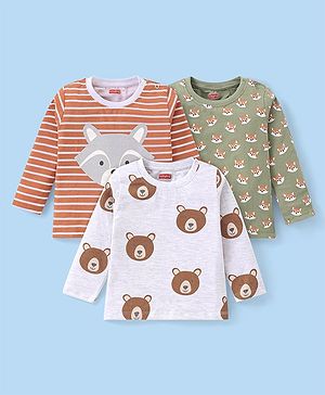 Babyhug Cotton Knit Full Sleeves T-Shirt With Stripes & Animal Graphics Pack of 3 - White Red & Olive Green