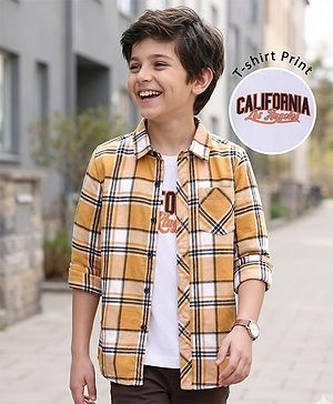 Pine Kids Cotton Woven Full Sleeves  Checked Shirt with Text Print T-Shirt-  Yellow