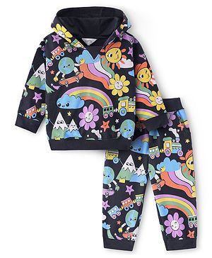 Bonfino 100% Cotton Knit Full Sleeves Floral Printed Hoodie & Joggers Winter Wear Co-Ord Set - Black