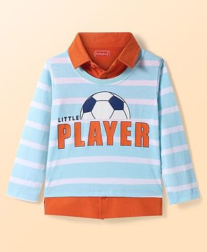 Babyhug Cotton Knit Full Sleeves Striped & Soccer Printed Overlapped T-Shirt with Collar Detailing - Sky Blue & Coral