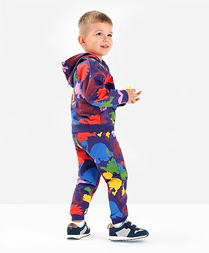 Bonfino 100% Cotton French Terry Full Sleeves Dino Printed Hoodie and Jogger Set - Black