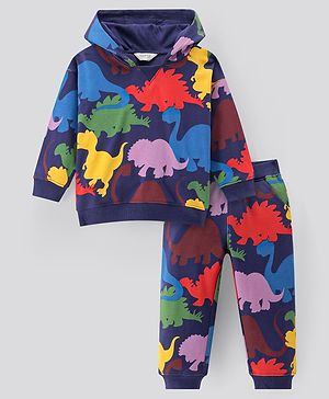 Bonfino 100% Cotton French Terry Full Sleeves Dino Printed Hoodie and Jogger Set - Black