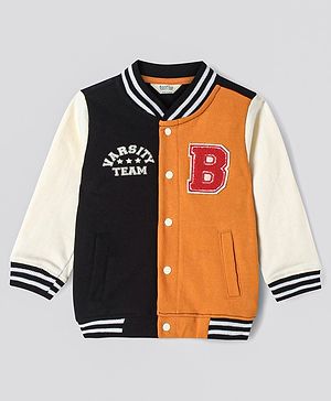 Bonfino Boys 100% Cotton French Terry Full Sleeves Colour Block Bomber Jacket with Text Embroidered - Black White & Yellow