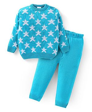 Babyhug Knitted Full Sleeves Star Designed Sweater Set - Light Blue