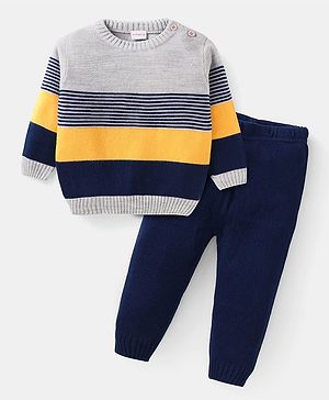 Babyhug Knitted Full Sleeves Colour Block Sweater Set with Striped Design  - Navy Blue Grey & Yellow