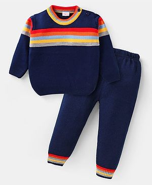 Babyhug Knitted Full Sleeves Striped Designed Pullover  Sweater Set - Navy Blue Red & Yellow