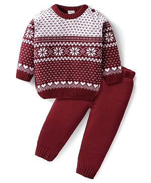 Babyhug Knit Full Sleeves Sweater Set With Floral Design - Dark Red