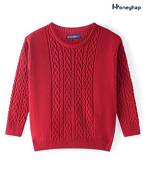 Honeyhap Premium Knitted Full Sleeves Pullover Sweater with Cable Knit Design - Red