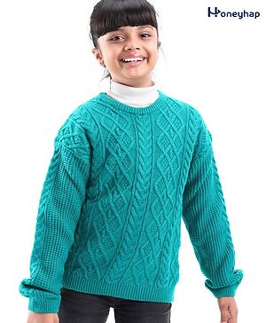 Honeyhap Premium Knitted Full Sleeves Pullover Sweater With Cable Knit Design - Teal Blue