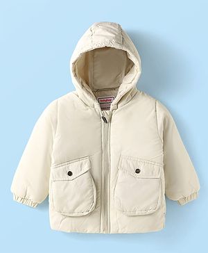 Babyhug Woven Full Sleeves Solid Color Hooded Padded Jacket - Cream