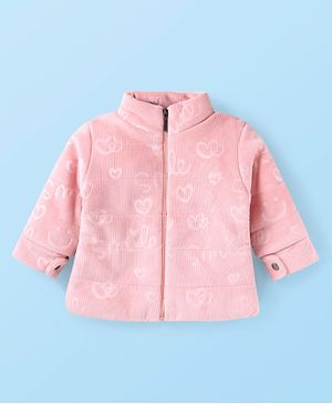 Babyhug Woven Full Sleeves Winter Jacket with Text Print - Pink