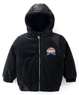 Babyhug Full Sleeves Hooded Jacket with Mountains Embroidery - Black
