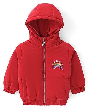 Babyhug Woven Full Sleeves Padded Hooded Jacket with Mountains Embroidery - Red